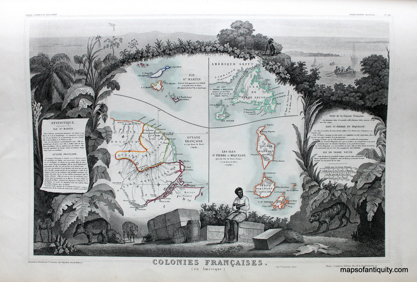 Antique-Hand-Colored-Map-Colonies-Francaises-(en-Amerique.)-World--1851-Levasseur-Maps-Of-Antiquity
