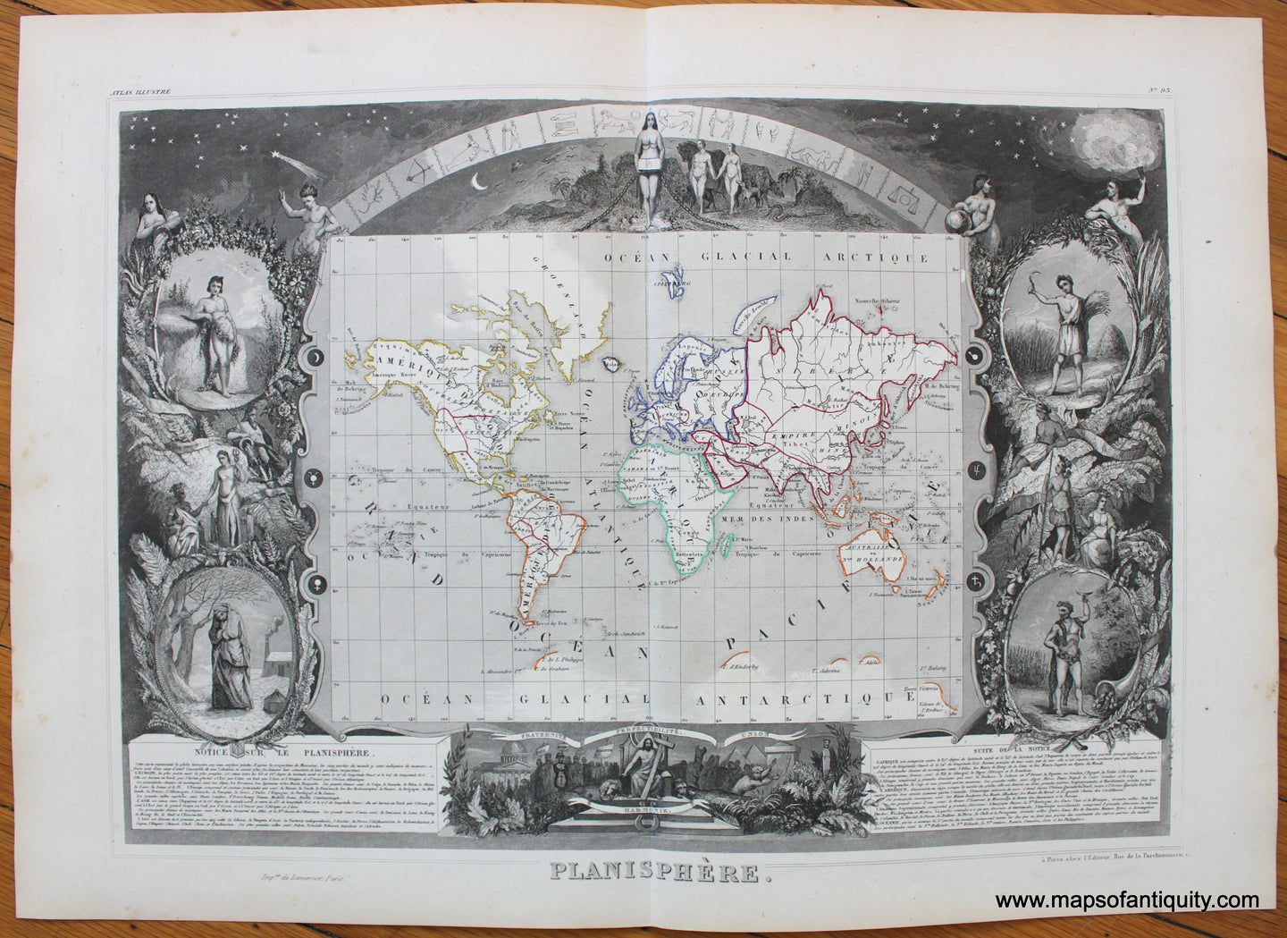 Antique-Map-Planisphere-Levasseur-1851-vignettes-world-mercator-projection-1850s-1800s-19th-century-maps-of-antiquity