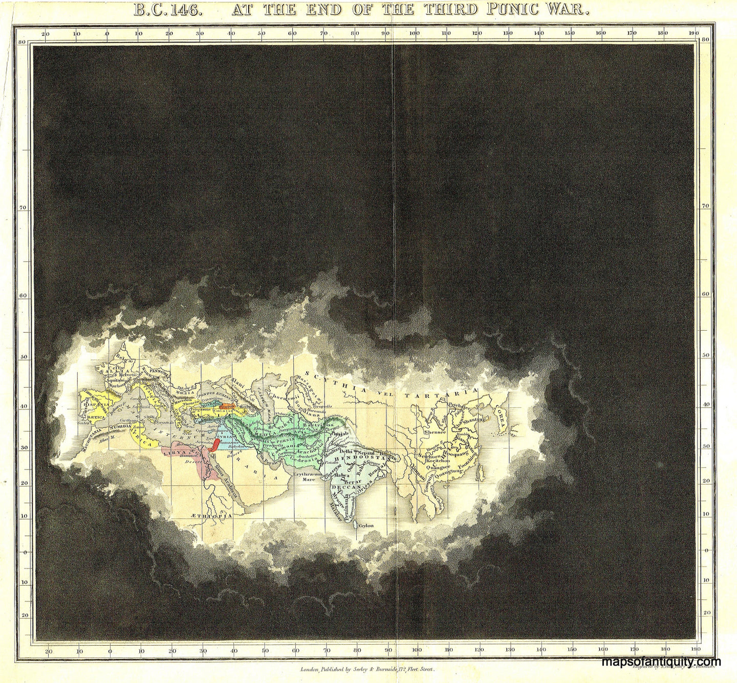 Antique-Hand-Colored-Map-B.C.-146.-At-the-End-of-the-Third-Punic-War-World--1830-Quin-Maps-Of-Antiquity