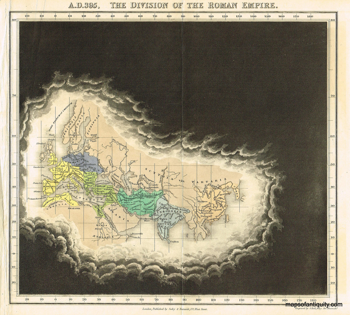 Antique-Hand-Colored-Map-A.D.-395.-The-Division-of-the-Roman-Empire-World--1830-Quin-Maps-Of-Antiquity