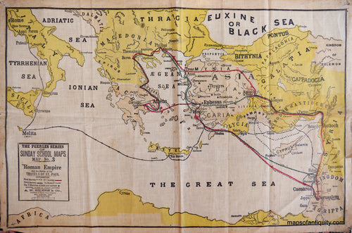 Antique-Colored-Map-on-Linen-Roman-Empire-and-the-Routes-of-the-Travels-of-St.-Paul-Ancient-World--c.-1885-Eilers-Maps-Of-Antiquity