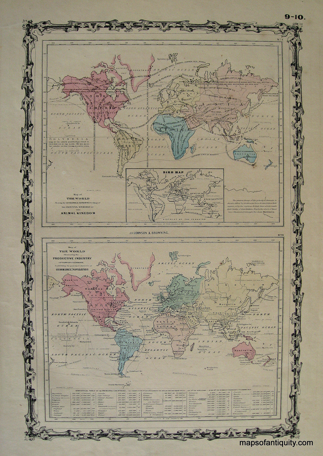 Antique-Hand-Colored-Map-World-Distribution-Map-of-the-Animal-Kingdom-the-Productive-Industry-of-Various-Countries-World--1861-Johnson-Maps-Of-Antiquity