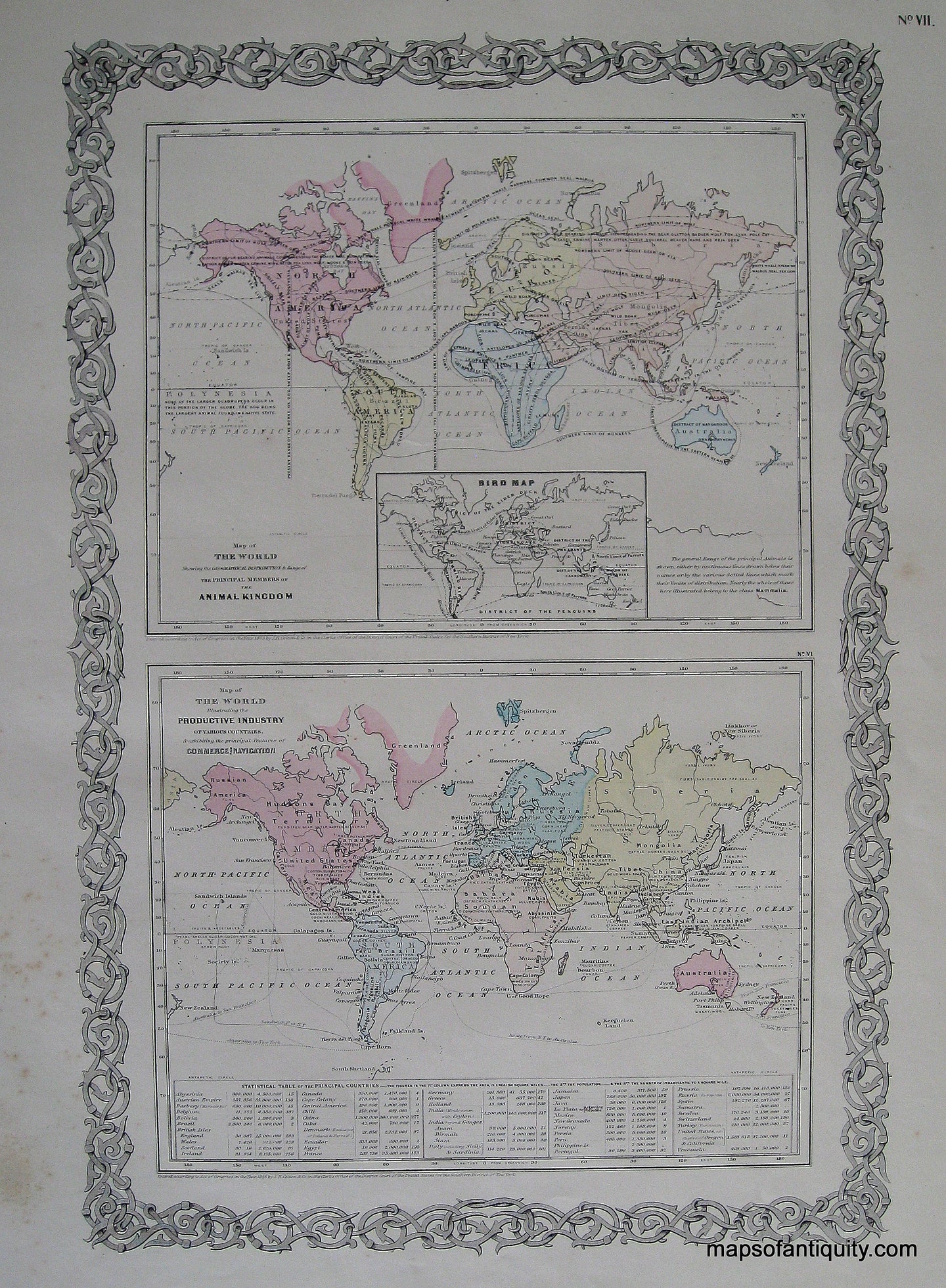 Antique-Hand-Colored-Map-World-Distribution-Map-of-the-Animal-Kingdom-the-Productive-Industry-of-Various-Countries-1856-Colton-Maps-Of-Antiquity