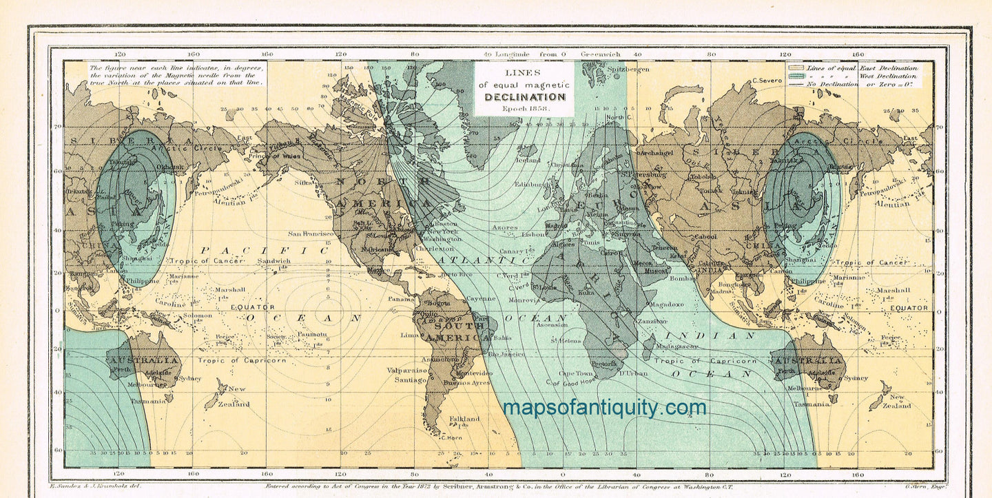 Antique-Printed-Color-Map-World-Magnetic-Declination-******-World--1872-Guyot-Maps-Of-Antiquity
