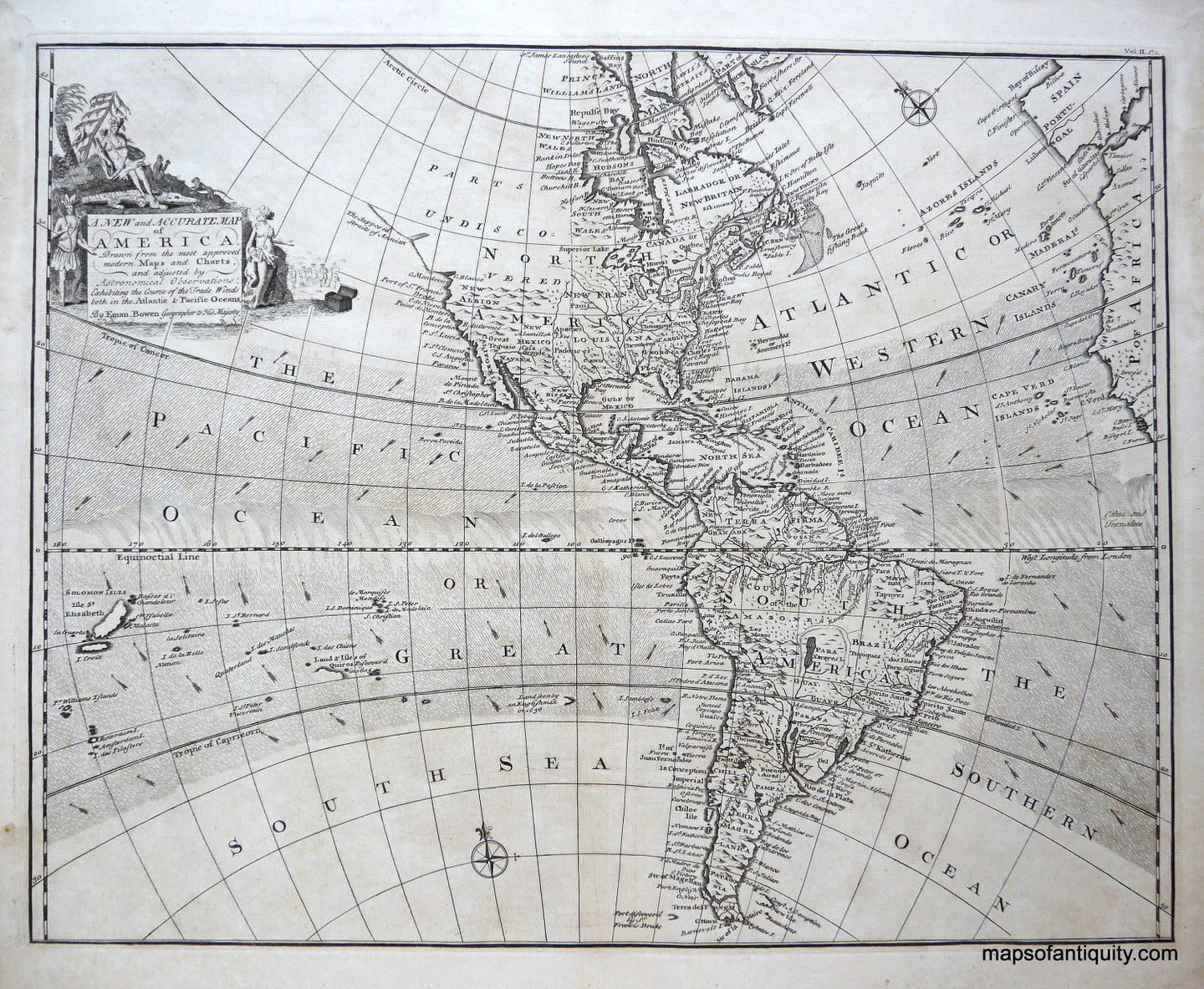 Antique-Engraved-Black-and-White-Map-A-New-and-Accurate-Map-of-America-**********-World--1747-Emmanuel-Bowen-Maps-Of-Antiquity