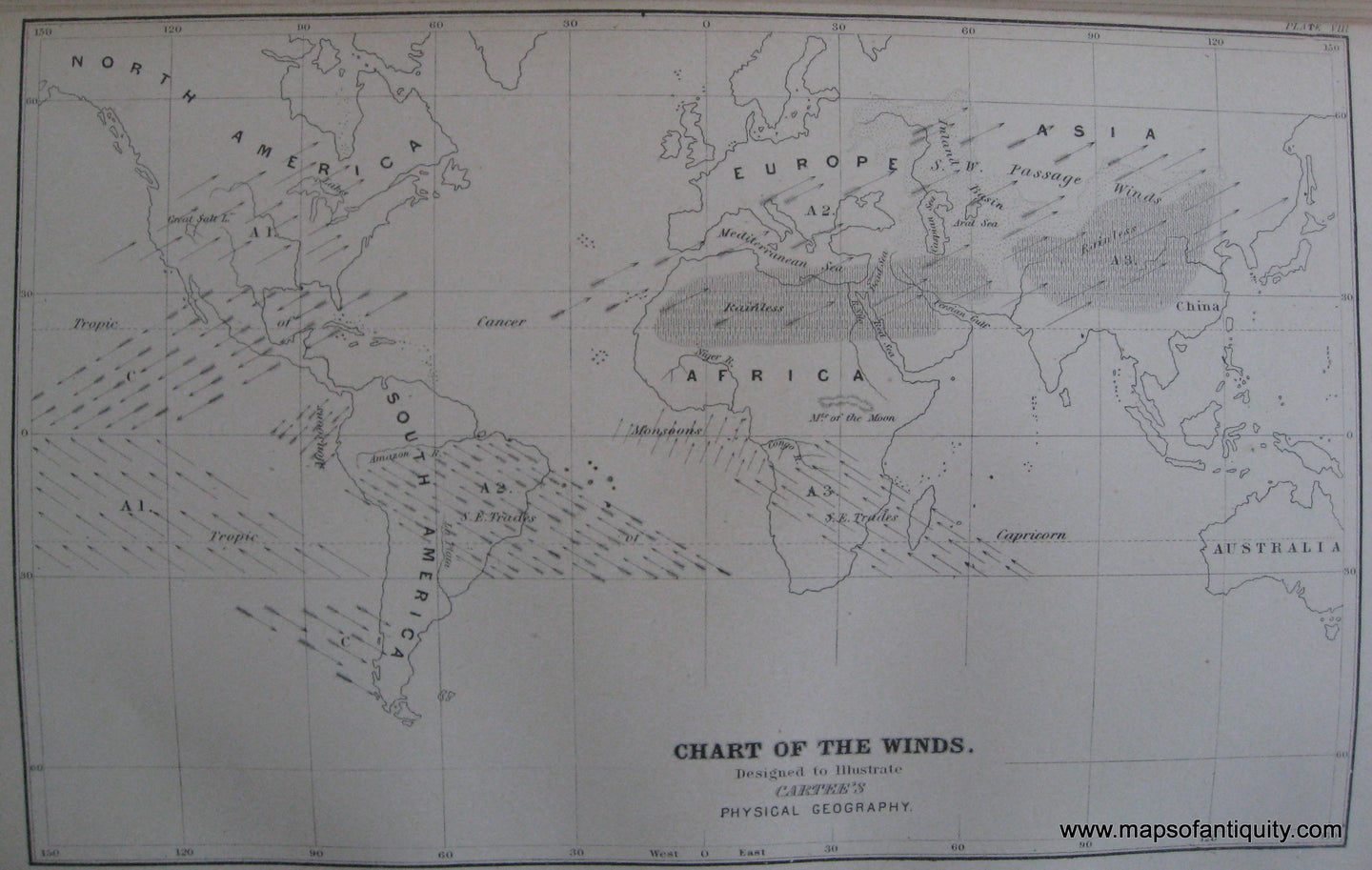 Black-and-White-Antique-Map-Chart-of-the-Winds-World--1856-Cartee-Maps-Of-Antiquity