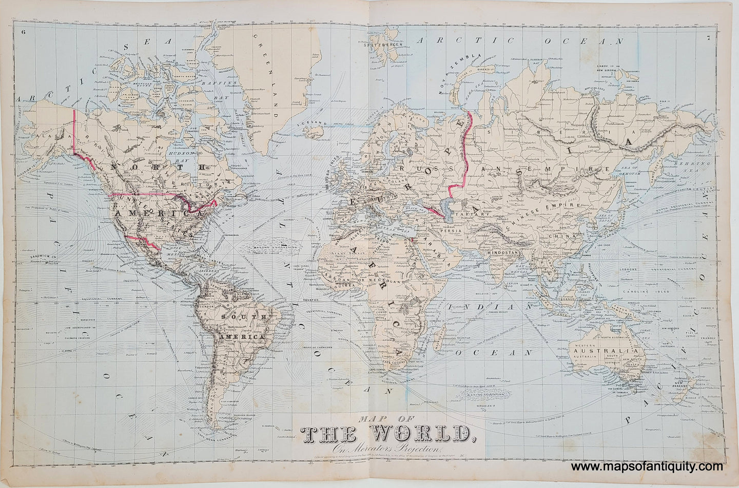 Antique-Hand-Colored-Map-Map-of-the-World-on-Mercator's-Projection-**********-World--1875-Beers-Maps-Of-Antiquity