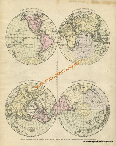 Antique-Hand-Colored-Map-The-Four-Hemispheres-of-the-World-World--1830/1833-Malte-Brun-Maps-Of-Antiquity
