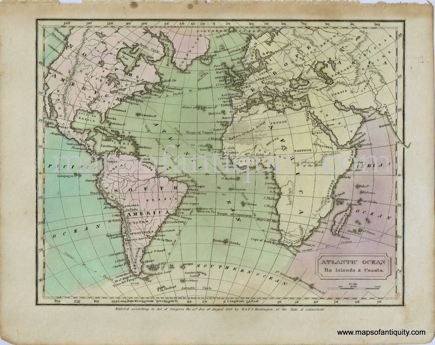 Antique-Map-World-Atlantic-Ocean-Its-Islands-&-Coasts-1830-Malte-Brun-Maps-of-Antiquity