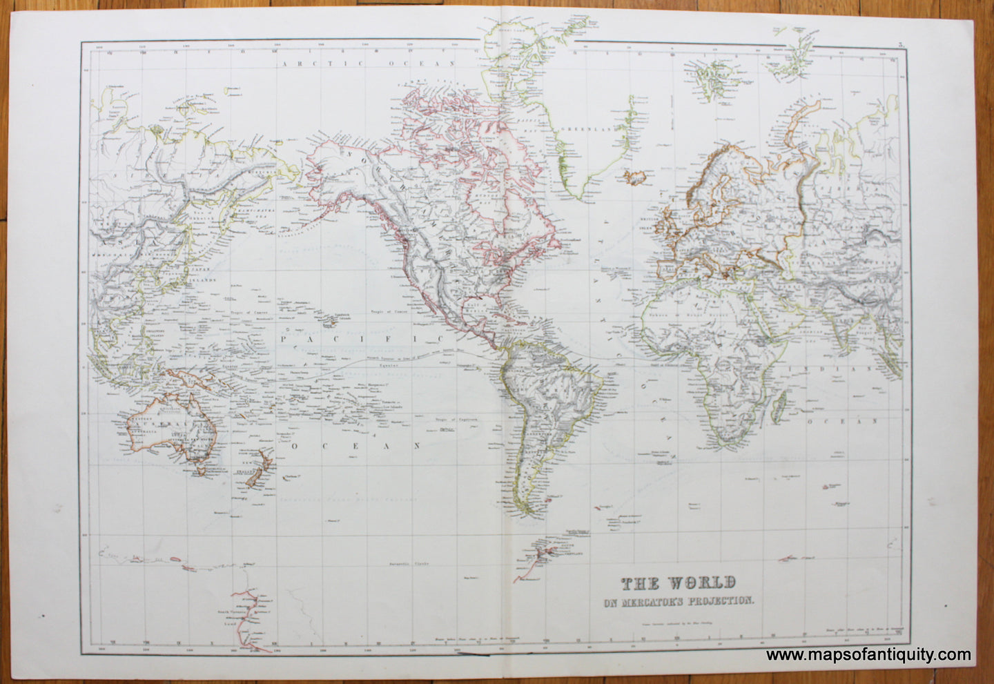 Antique-Printed-Color-Map-The-World-on-Mercator's-Projection-World--c.-1890--Maps-Of-Antiquity