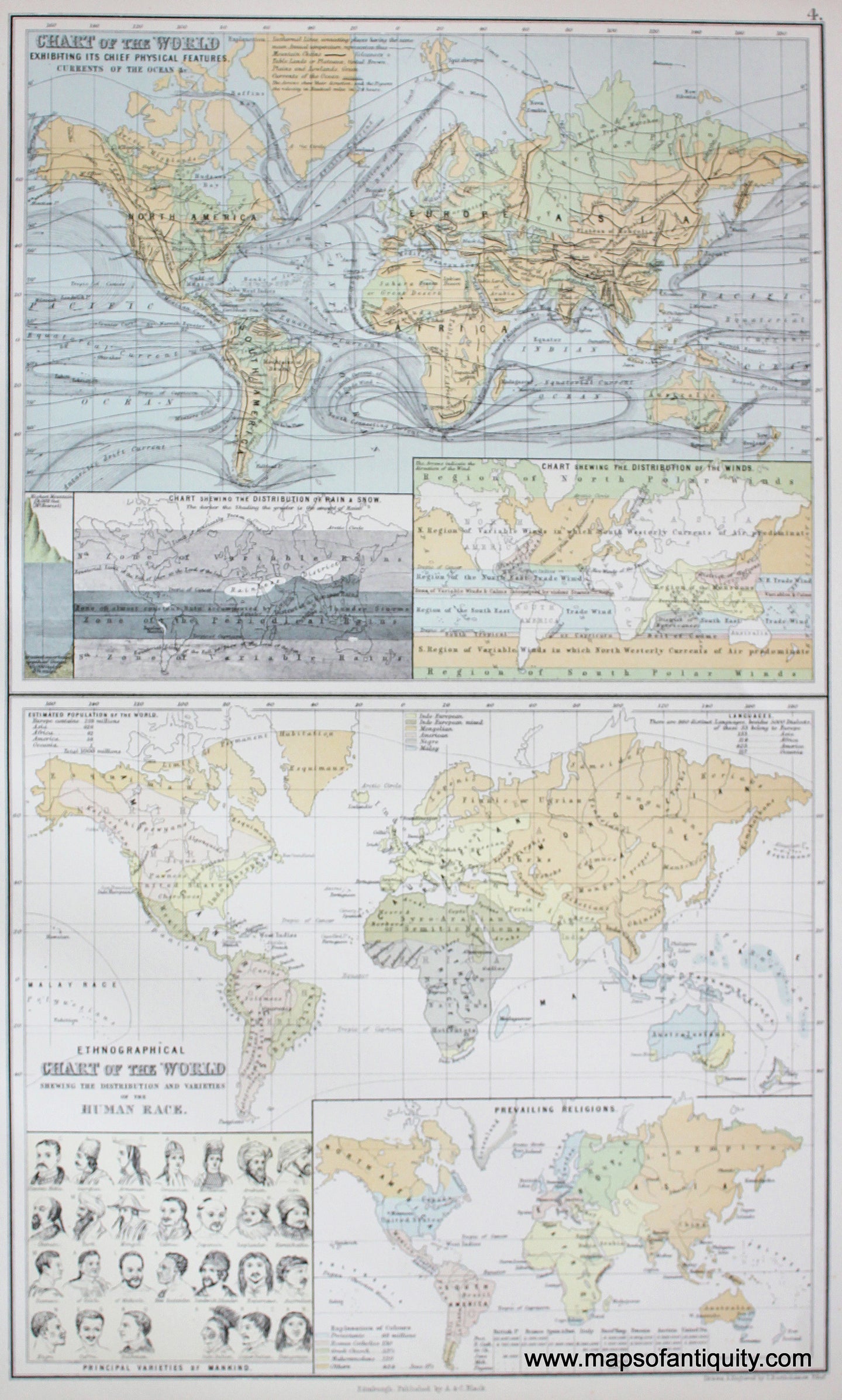 Antique-printed-color-Map-Chart-of-the-World-Exhibiting-its-Chief-Physical-Features-and-Ethnographical-Chart-of-the-World-World--1879-Black-Maps-Of-Antiquity