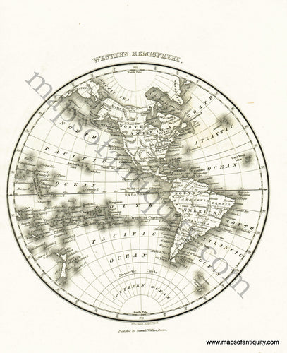 Antique-Black-and-White-Map-Western-Hemisphere-World--1834-Malte-Brun-Maps-Of-Antiquity