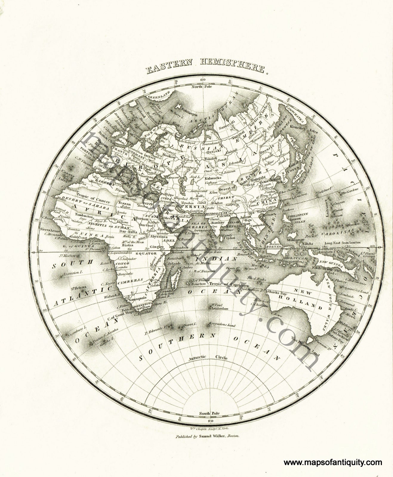 Antique-Black-and-White-Map-Eastern-Hemisphere-World--1834-Malte-Brun-Maps-Of-Antiquity