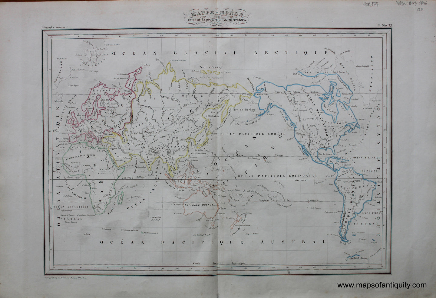 Antique-Hand-Colored-Map-Mappe-monde-Suivant-La-Projection-de-Mercator-World--1846-M.-Malte-Brun-Maps-Of-Antiquity