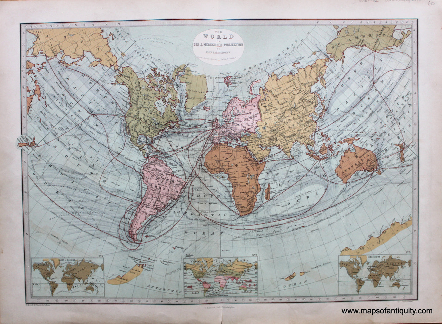 Antique-Printed-Color-Map-The-World-on-Sir-J.-Herschel's-Projection-**********-World--1873-J.-Bartholomew-Maps-Of-Antiquity