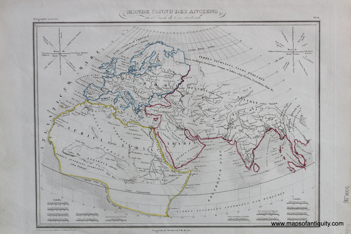 Antique-Hand-Colored-Map-Monde-connu-des-anciens-au-siecle-de-Ptolemee-World--1846-M.-Malte-Brun-Maps-Of-Antiquity