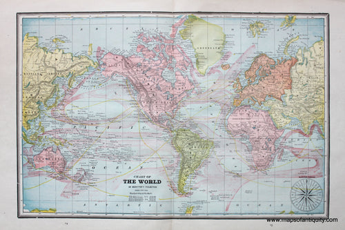 Antique-Printed-Color-Map-Chart-of-The-World-on-Mercator's-Projection-verso:-Eastern-Hemisphere-and-Untitled-Comparative-Map-World--1894-Cram-Maps-Of-Antiquity