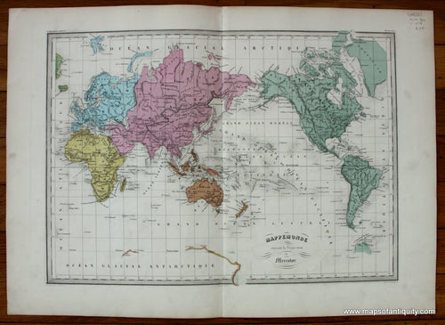 Antique-Hand-Colored-Map-Mappemonde-suivant-la-Projection-de-Mercator-World-Historical-Maps-&-Ancient-World--c.-1845-Malte-Brun-Maps-Of-Antiquity