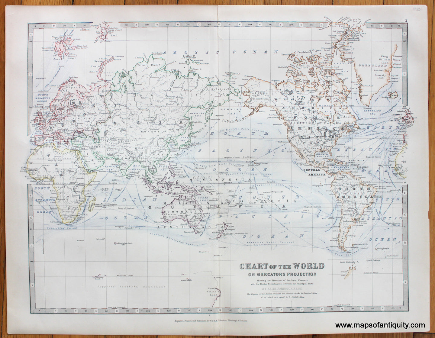 Antique-Printed-Color-Map-Chart-of-the-World-on-Mercators-Projection-Showing-the-direction-of-the-Ocean-Currents-with-the-Routes-and-Distances-between-the-Principal-Ports.-World--1880-Johnston-Maps-Of-Antiquity