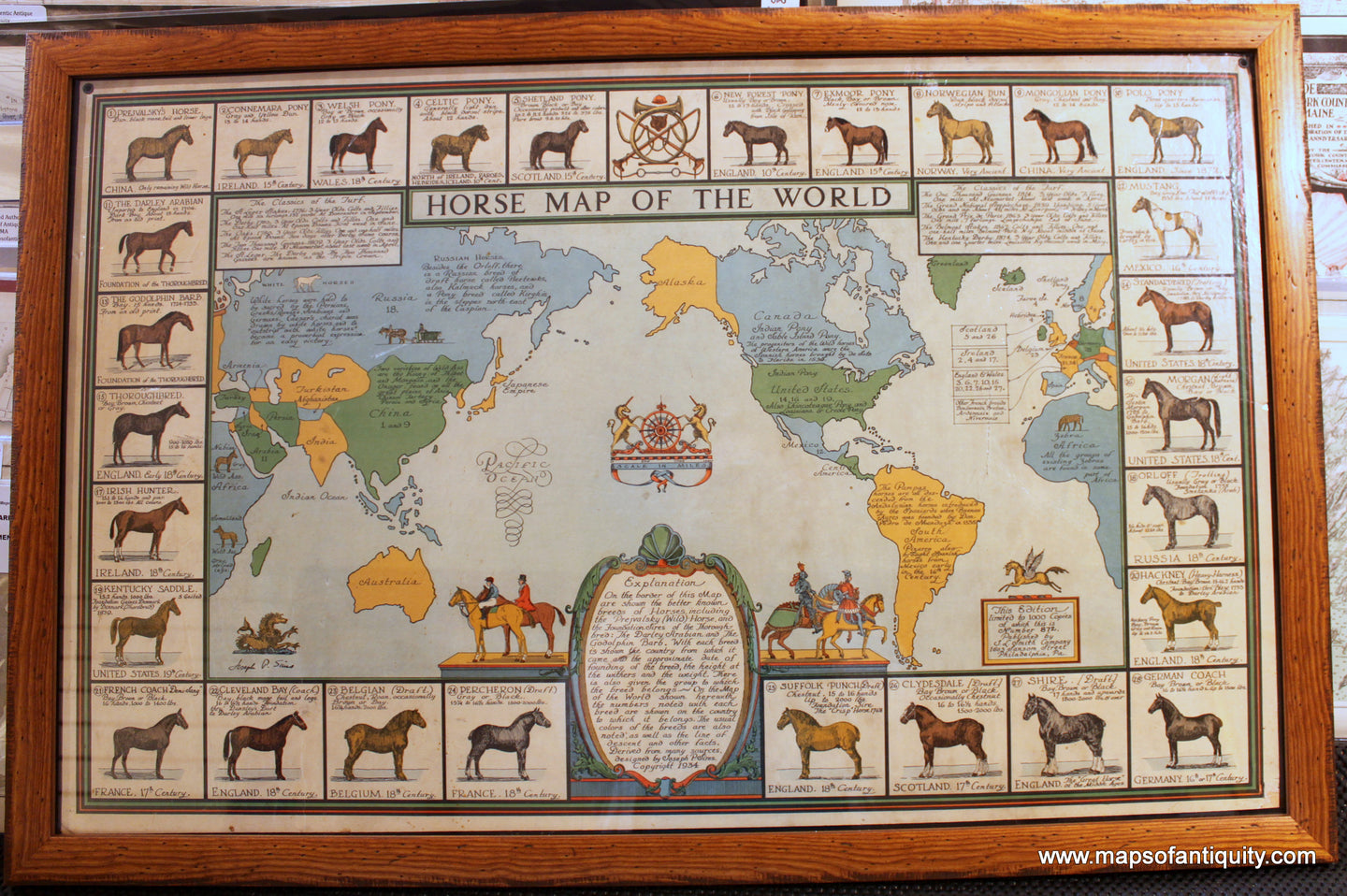 Framed-Antique-Printed-Color-Map-Horse-Map-of-the-World-******-World--1934-J.L.-Smith-Company-Maps-Of-Antiquity