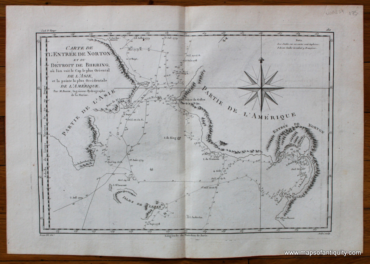 Antique-Map-Bering-Strait-Bhering-Norton-bay-Russia-Alaska-Captain-Cook-Voyage-Bonne-Desmarest-1787