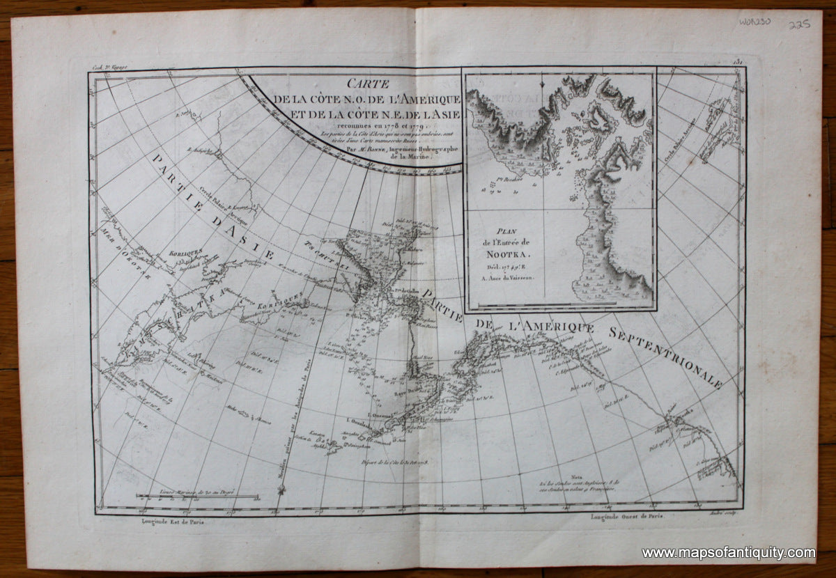 Antique-Map-Bering-Strait-Bhering-Nootka-Sound-Russia-Alaska-Captain-Cook-Voyage-Bonne-Desmarest-1787