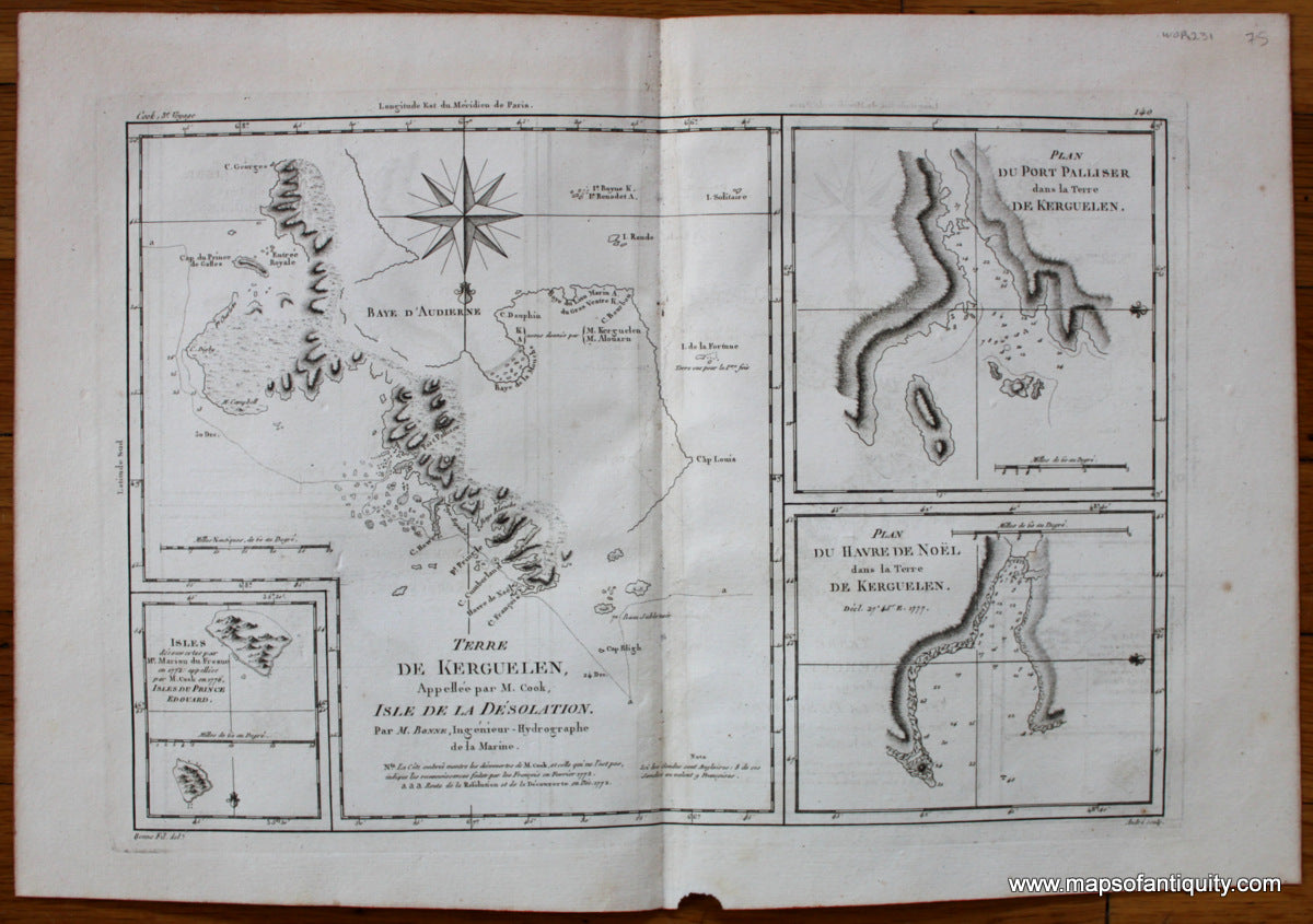 Antique-Map-Kerguelen-Desolation-Islands-Prince-Edward-Islands-South-Africa-Captain-Cook-Voyage-Bonne-Desmarest-1787