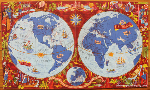 Antique-Map-Pictorial-World-Air-France-Book-Cover-1950-1950s-Colorful