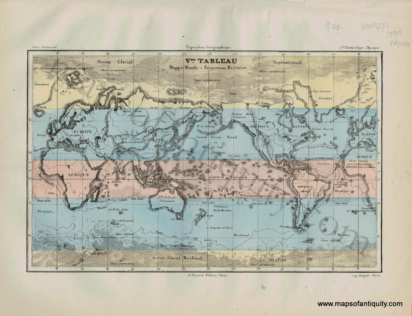 Antique-Mappe-Monde-Tableau-Projection-Mercator-World-Global-Fayard-Atlas-Universel-French-1877-1870s-1800s-Mid-Late-19th-Century-Maps-of-Antiquity
