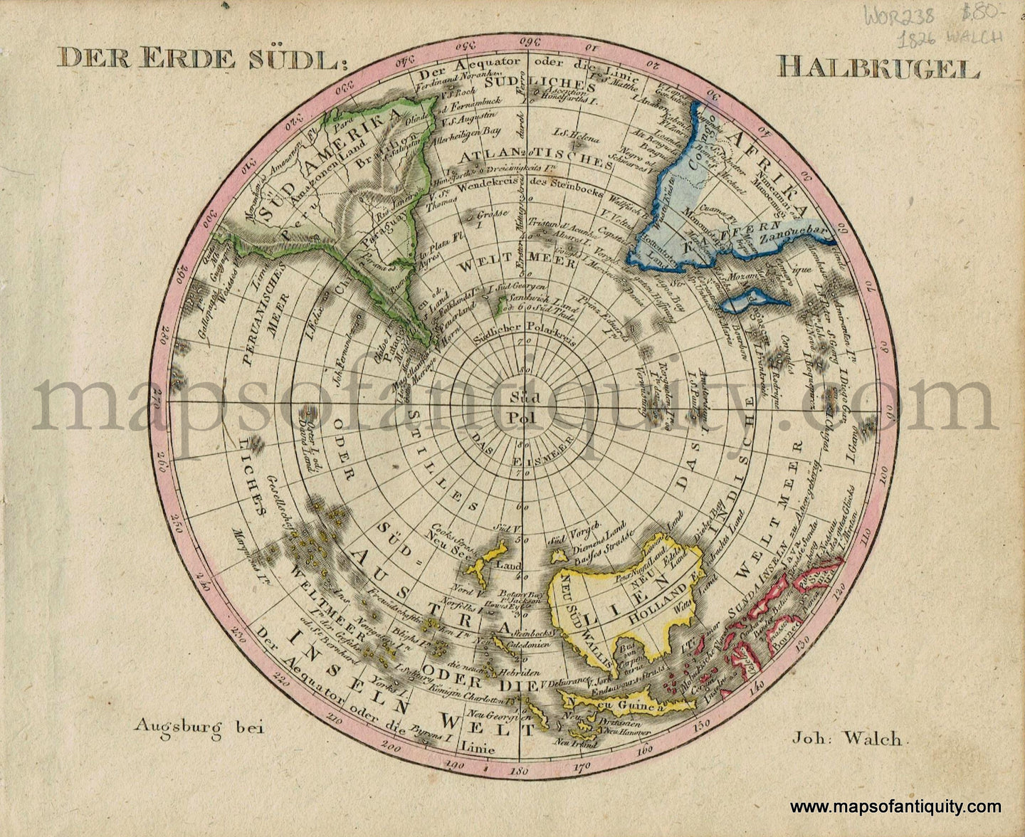 Antique-Map-Der-Erde-Sudl-Halbkugel-Southern-Hemisphere-South-Pole-Polar-World-German-Walch-Neuester-Schul-Atlass-1826-1820s-Early-19th-Century-Maps-of-Antiquity