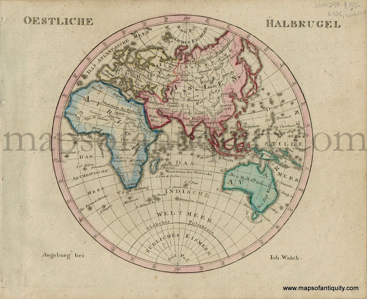 Antique-Map-Oestliche-Halbkugel-Eastern-Hemisphere-East-World-German-Walch-Neuester-Schul-Atlass-1826-1820s-Early-19th-Century-Maps-of-Antiquity