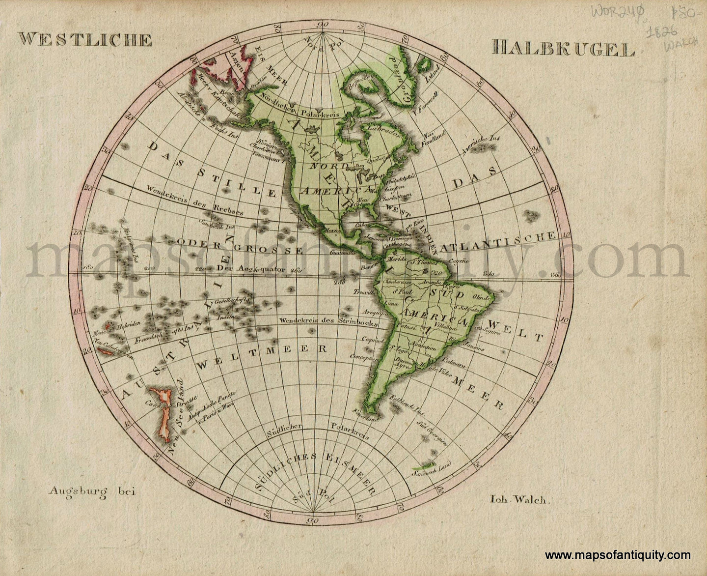 Antique-Map-Westliche-Halbkugel-Western-Hemisphere-West-World-German-Walch-Neuester-Schul-Atlass-1826-1820s-Early-19th-Century-Maps-of-Antiquity