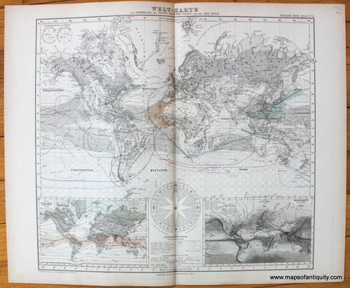 Antique-Map-Welt-Karte-Luft-Stromungen-See-Wege-Air-Currents-Sea-Navigation-Routes-world-Stieler-1876-1870s-1800s-19th-century-Maps-of-Antiquity