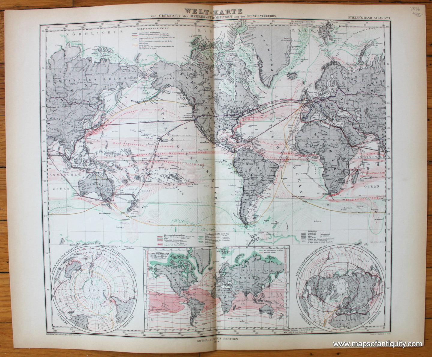Antique-Map-Welt-Karte-Meeres-Stromungen-Schnellverkehrs-Water-Currents-Sea-Navigation-Routes-world-Stieler-1876-1870s-1800s-19th-century-Maps-of-Antiquity