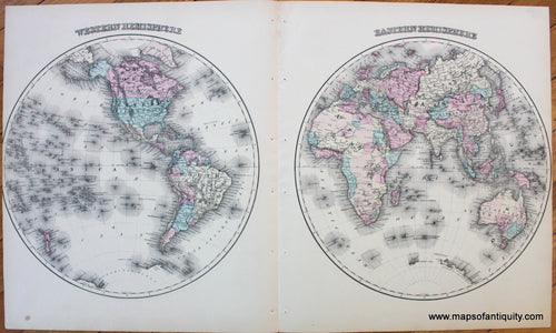 Antique-Map-Eastern-Western-Hemisphere-World-Globe-Gray-1874-1870s-1800s-Late-19th-Century-Maps-of-Antiquity