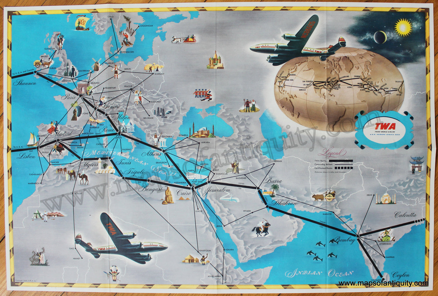 Antique-Printed-Color-Pictorial-Map-Two-sided-Trans-World-Airline-Pictorial-Map-1948-Trans-World-Airline-Flight-Route-1900s-20th-century-Maps-of-Antiquity