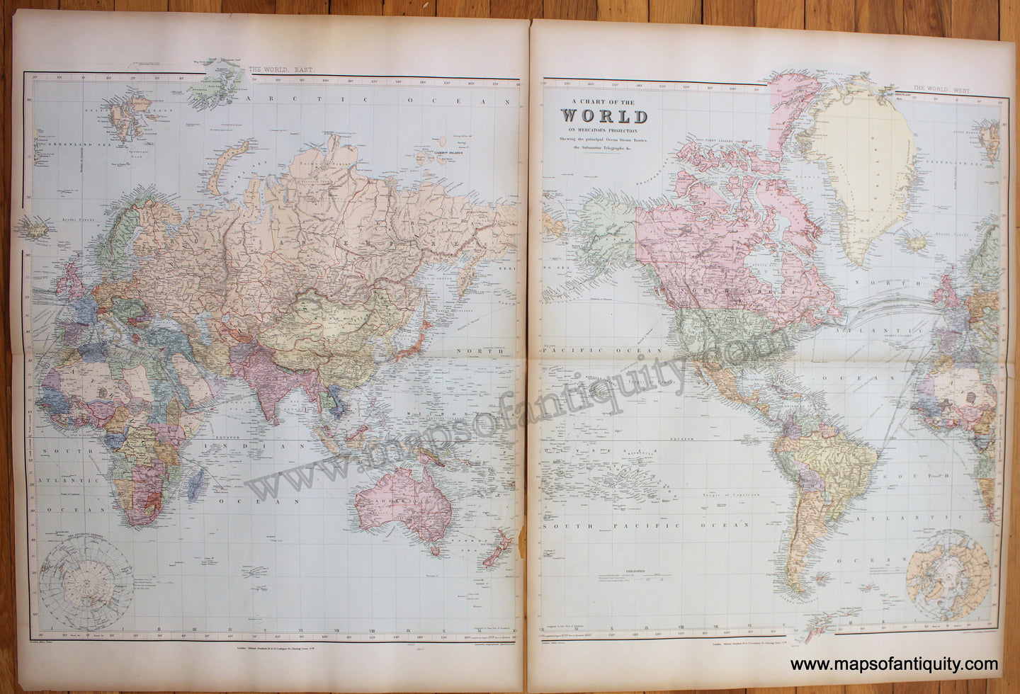 Printed-Color-Antique-Map-A-Chart-of-the-World-on-Mercator's-Projection-1904-Stanford-1800s-19th-century-Maps-of-Antiquity