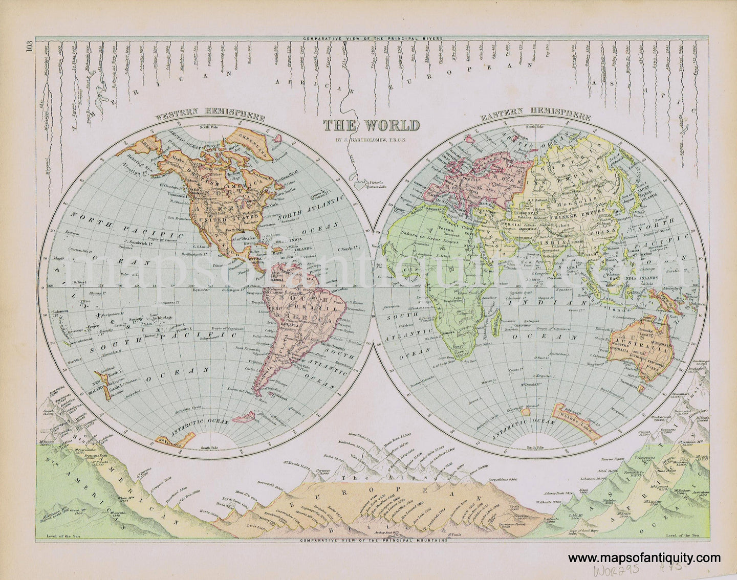 Antique-Printed-Color-Map-The-World-Verso:-Physical-Map-of-Europe-Weller-Bartholomew-1800s-19th-century-Maps-of-Antiquity