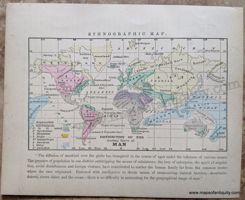 Antique-Hand-Colored-Map-Ethnographic-Map---Distribution-of-the-leading-Races-of-Man-World--1857-Morse-and-Gaston-Maps-Of-Antiquity-1800s-19th-century