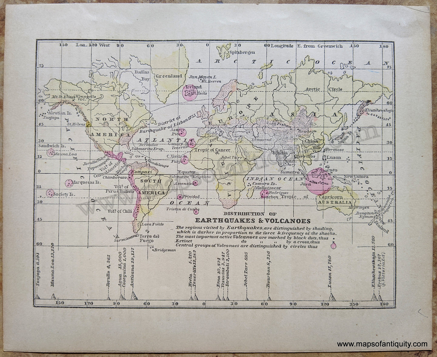 Antique-Hand-Colored-Map-Distribution-of-Earthquakes-&-Volcanoes-World--1857-Morse-and-Gaston-Maps-Of-Antiquity-1800s-19th-century