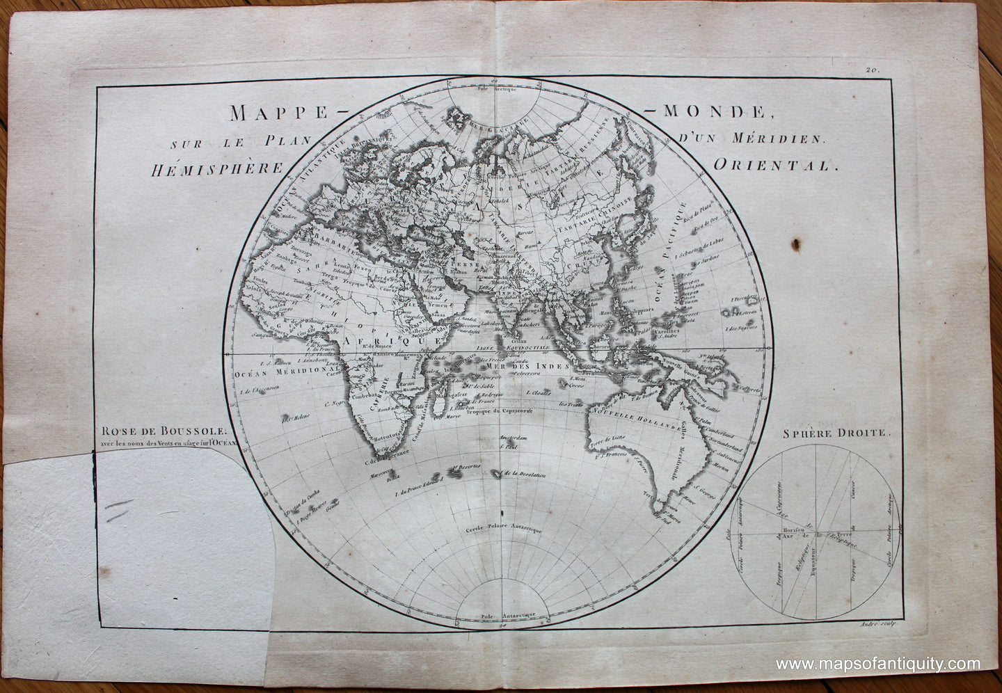 Genuine-Antique-Map-Mappe-Monde-sur-Le-Plan-D'Un-Meridien-Hemisphere-Orientale-World--1787-Bonne-and-Desmarest-Maps-Of-Antiquity-1800s-19th-century