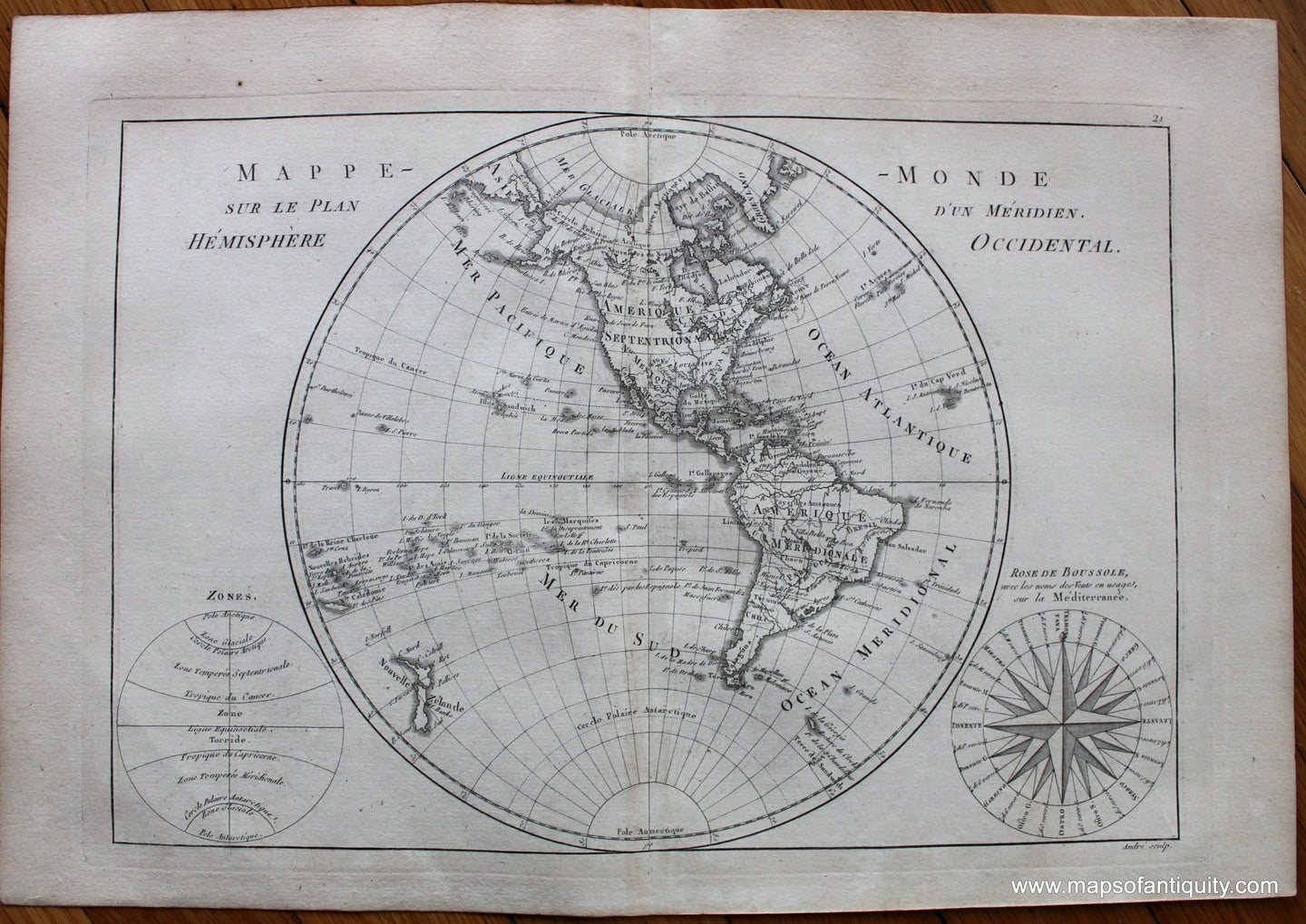 1787 - Mappe-Monde sur Le Plan D'Un Meridien Hemisphere Occidental - Antique Map