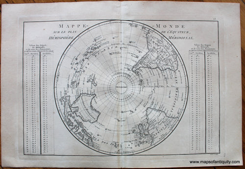 Genuine-Antique-Map-Mappe-Monde-sur-Le-Plan-de-l'Equateur-Hemisphere-Meridional.-World--1787-Bonne-and-Desmarest-Maps-Of-Antiquity-1800s-19th-century