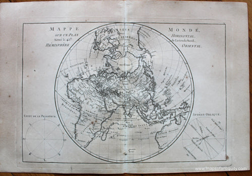 Genuine-Antique-Map-Mappe-Monde-sur-un-Plan-Horisontal-situe-a-45d.-De-Latitude-Nord-Hemisphere-Oriental.-World--1787-Bonne-and-Desmarest-Maps-Of-Antiquity-1800s-19th-century