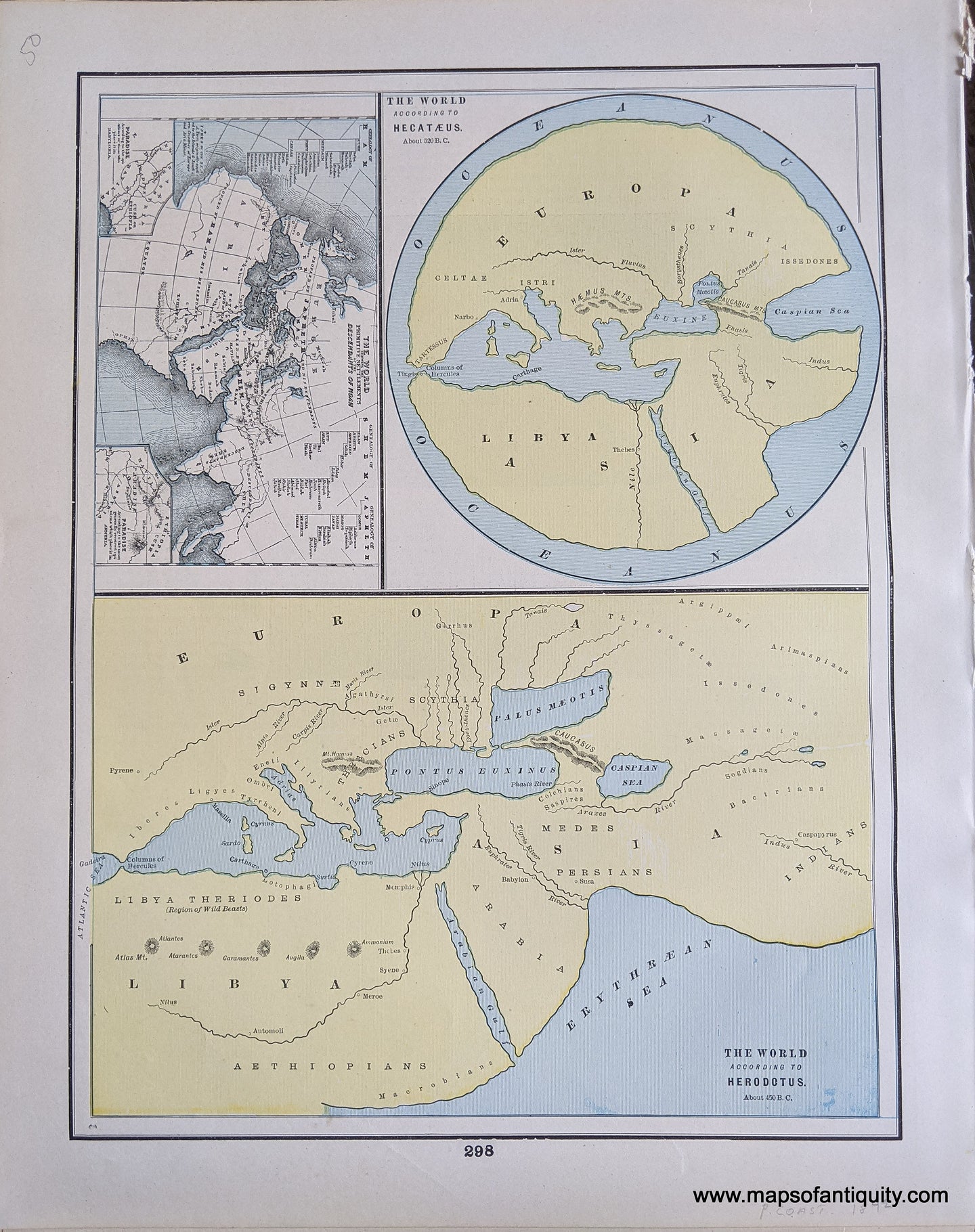 Genuine-Antique-Printed-Color-Comparative-Chart-The-World-According-to-Hecataeus-The-World-According-to-Herodotus-and-The-World-Showing-The-Primitive-Settlements-of-the-Descendants-of-Noah-Ancient-World--1892-Home-Library-&-Supply-Association-Maps-Of-Antiquity-1800s-19th-century