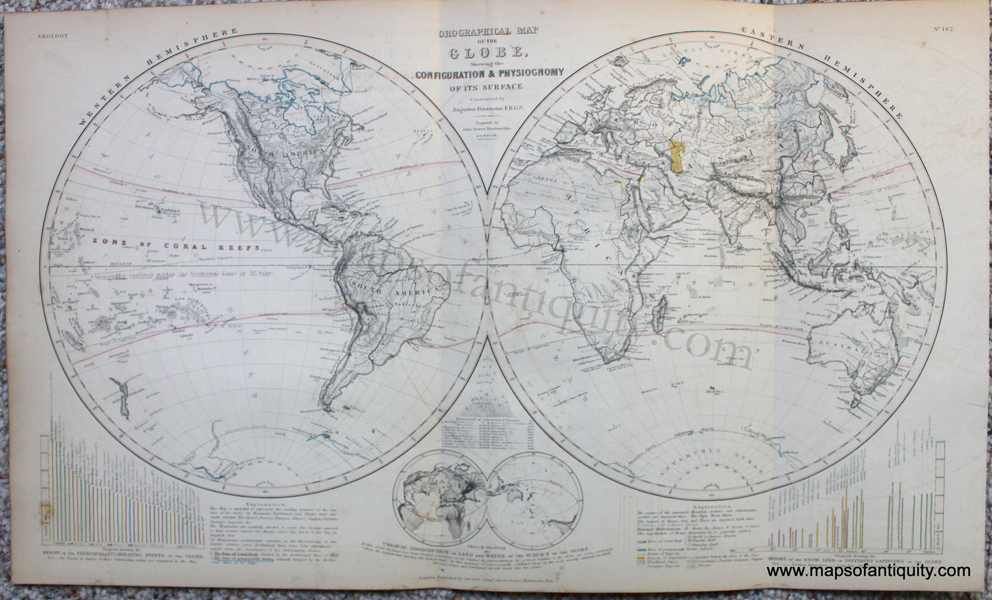 Genuine-Antique-Map-Orographical-Map-of-the-Globe-Showing-the-Configuration-&-Physiognomy-of-its-Surface.-World--1850-Petermann-/-Orr-/-Dower-Maps-Of-Antiquity-1800s-19th-century