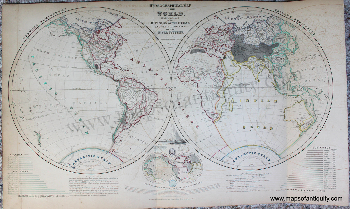Genuine-Antique-Map-Hydrographical-Map-of-the-World-Chiefly-with-regard-to-the-Division-of-the-Ocean-and-the-Boundaries-of-the-River-Systems.-World--1850-Petermann-/-Orr-/-Dower-Maps-Of-Antiquity-1800s-19th-century