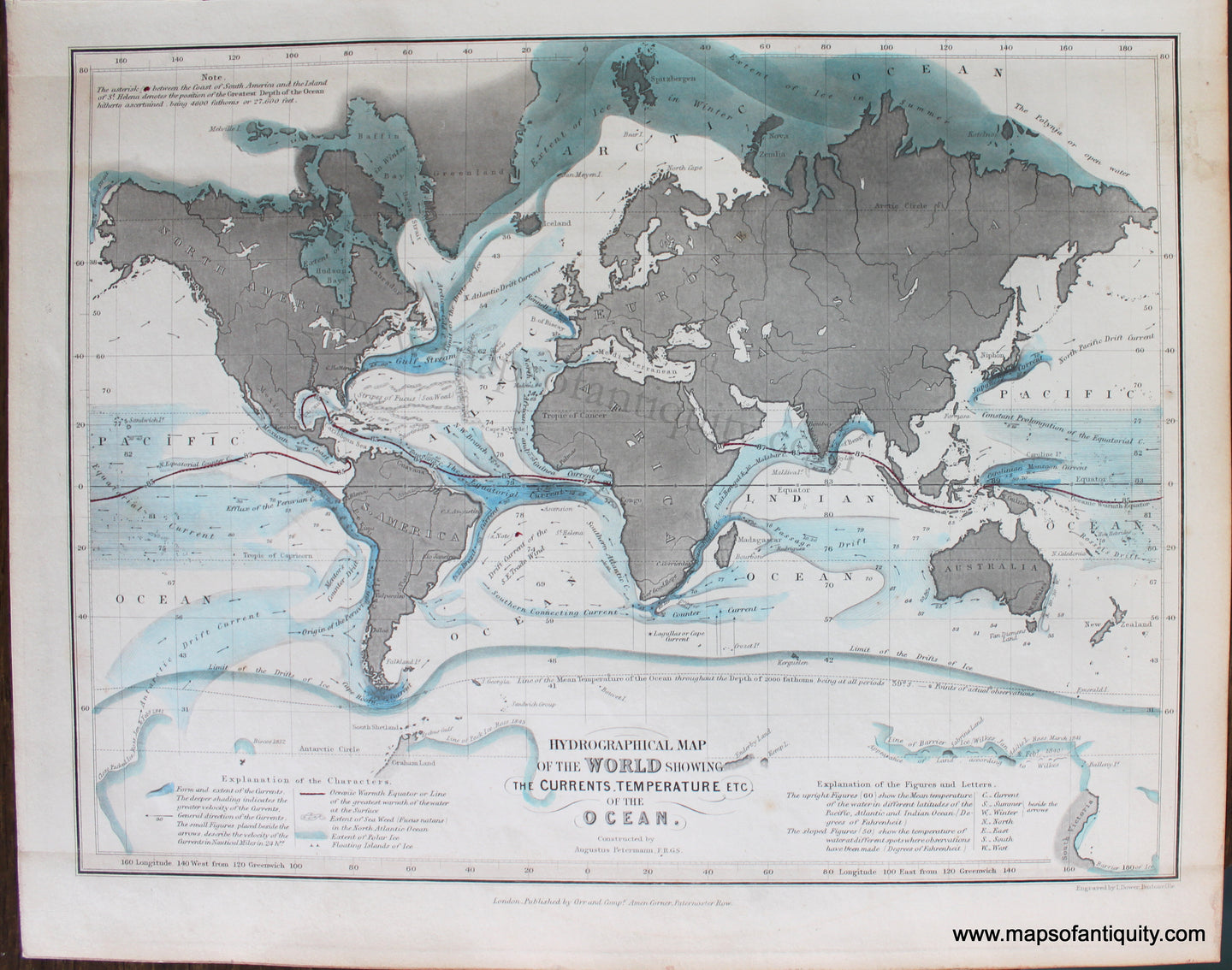 Genuine-Antique-Map-Hydrographical-Map-of-the-World-Showing-the-Currents-Temperature-etc.-of-the-Ocean.-World--1850-Petermann-/-Orr-/-Dower-Maps-Of-Antiquity-1800s-19th-century
