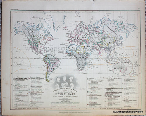 Genuine-Antique-Map-Ethnographic-Map-of-the-World-showing-the-Distribution-of-the-Human-Race-in-the-Middle-of-the-19th-Century-World--1850-Petermann-/-Orr-/-Dower-Maps-Of-Antiquity-1800s-19th-century