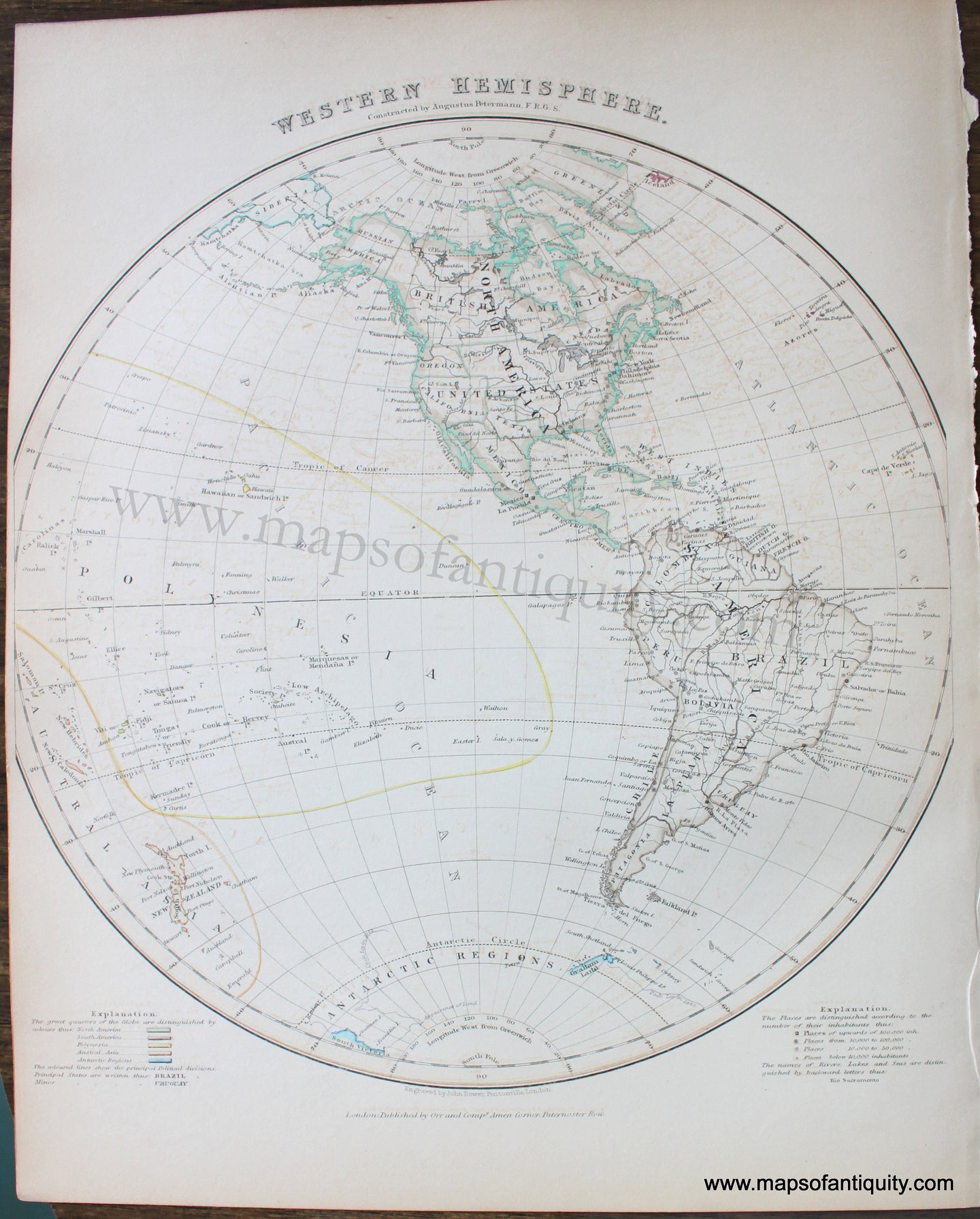 Genuine-Antique-Map-Western-Hemisphere-World--1850-Petermann-/-Orr-/-Dower-Maps-Of-Antiquity-1800s-19th-century